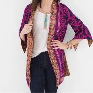 Chicos Reversible Printed Kimono Open Front Jacket Pink Silky Ornate 2 L/12 NEW